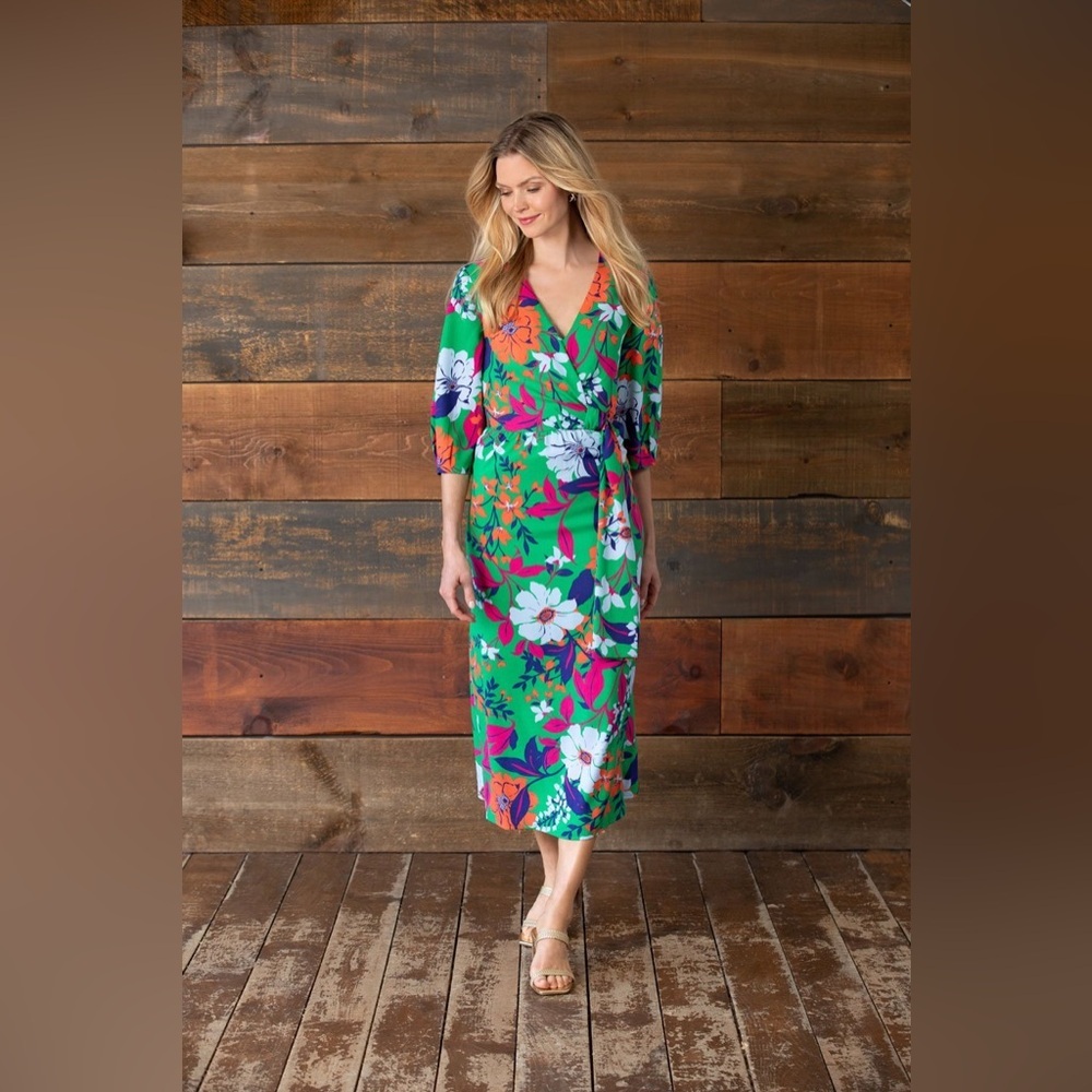 kensie Women’s 3/4 Sleeve Faux Wrap Midi Dress in Green Multi - Size 10